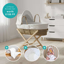 White Dimple Palm Moses Basket With Stand & Bedding Bundle - 6 piece bundle set worth £100.99 | Moses Baskets & Bassinets - Clair de Lune UK