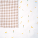 Close up of the fabric pattern of Gingham and Ducklings with Reeds Reversible Little Duckling Cot Bed Duvet Cover and Pillowcase Set | Toddler and Baby Bedding | Nursery Linen - Clair de Lune UK