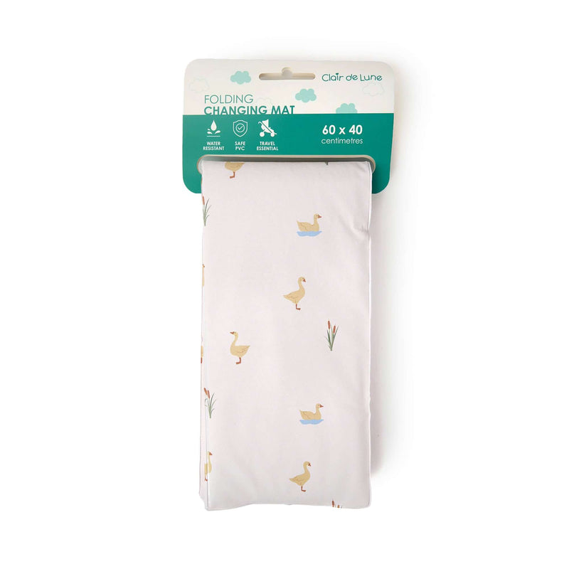 Duckling Foldable Travel Changing Mat  in packaging showing the USPs on white background | Bathing & Changing Essentials - Clair de Lune UK
