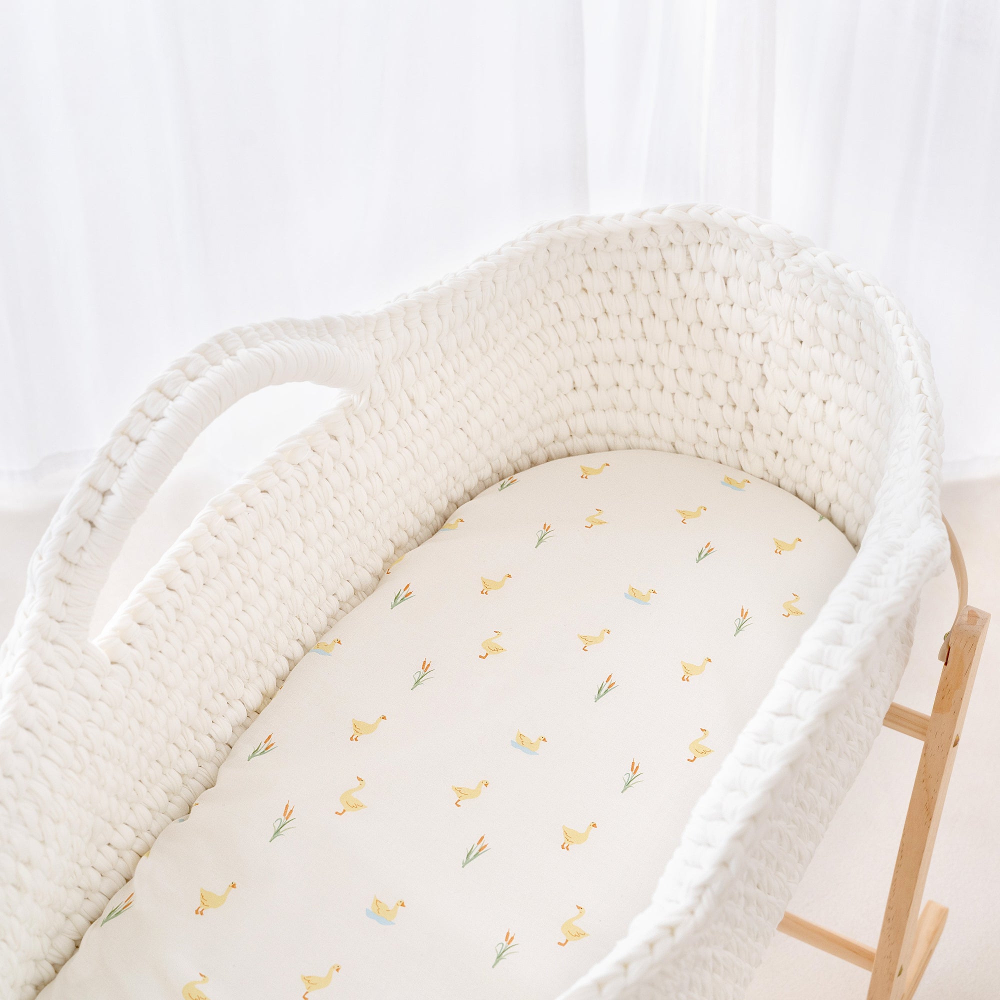2 Pack Fitted Little Duckling Moses Basket Sheets on Crochet Moses Basket by flowing net curtains in the nursery | Baby Sheets | Bassinet & Moses Basket Bedding  Clair de Lune UK