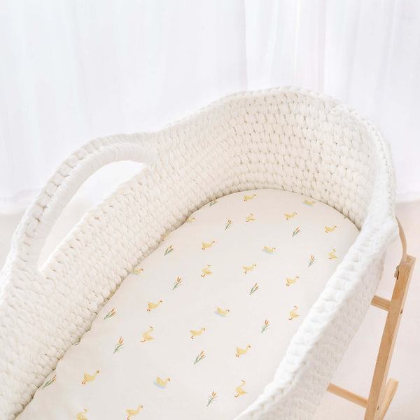 2 Pack Fitted Little Duckling Moses Basket Sheets on Crochet Moses Basket by flowing net curtains in the nursery | Baby Sheets | Bassinet & Moses Basket Bedding  Clair de Lune UK