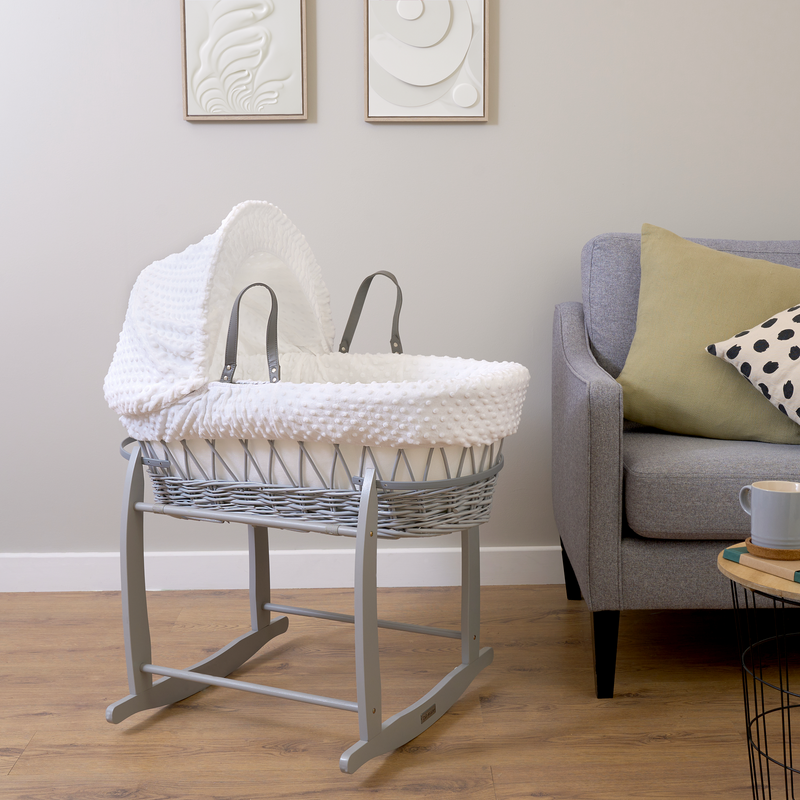 White Dimple Grey Wicker Moses Basket on the Grey Deluxe Rocking Stand | Moses Baskets | Co-sleepers | Nursery Furniture - Clair de Lune UK