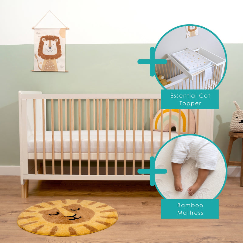 White Essentials Cot Bed bundled with the Essentials Cot Top Changer and Premium Bamboo Cot Bed Mattress in a sage green Scandi nursery room | Cots, Cot Beds & Toddler Beds | Nursery Furniture - Clair de Lune UK