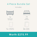 A product information graphic for a 4-piece Essentials Cot Bed Bundle set, showing line drawings and text for an Essentials cot bed, fibre mattress, mattress protector, and fitted sheets, with a teal banner at the bottom reading 'Worth £275.99'. - Clair de Lune UK