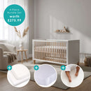Essentials Cot Bed Bundle of Cot Bed, Mattress Protector, Mattress and Fitted Sheets in a light and airy Scandi-style nursery. 4-piece set worth £275.99 | Toddler Beds - Clair de Lune UK