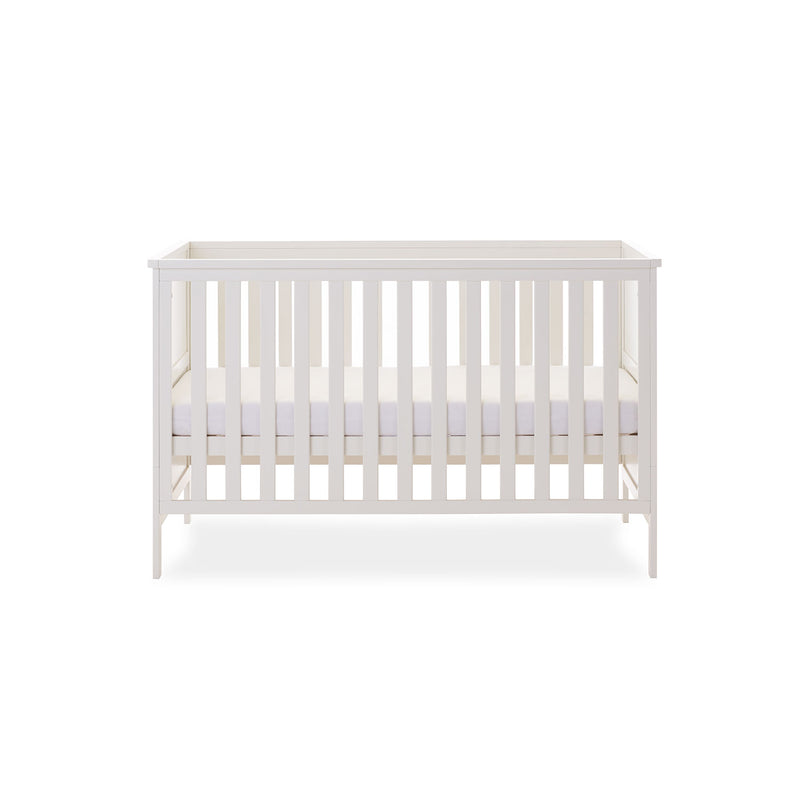 White Obaby Evie Cot Bed with an adjustment platform at the medium level | Cots, Cot Beds, Toddler & Kid Beds | Nursery Furniture - Clair de Lune UK