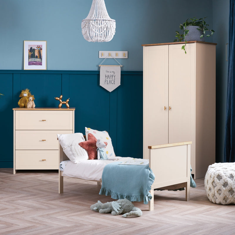 Cashmere Obaby Evie Mini 3 Piece Room Set with the cot bed transformed to a toddler bed in an Ocean-themed nursery room | Nursery Furniture Sets | Room Sets | Nursery Furniture - Clair de Lune UK