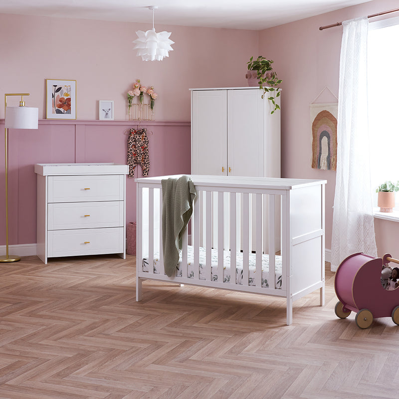 White Obaby Evie Mini 3 Piece Room Set in a pastel pink Disney princess-theme nursery room | Nursery Furniture Sets | Room Sets | Nursery Furniture - Clair de Lune UK