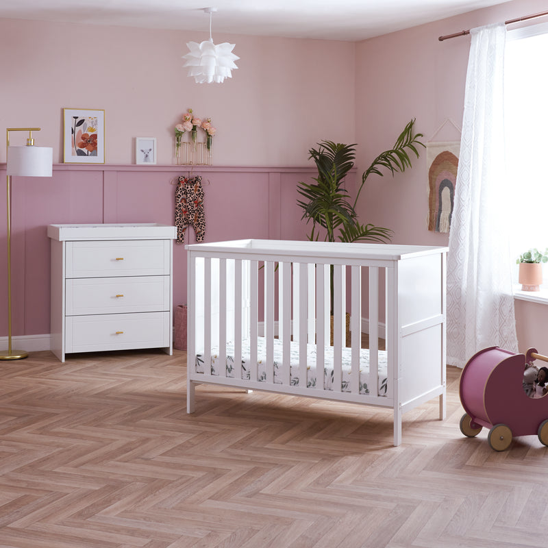 White Obaby Evie Mini 2 Piece Room Set in a pastel pink Disney princess-theme nursery room for girls | Nursery Furniture Sets | Room Sets | Nursery Furniture - Clair de Lune UK