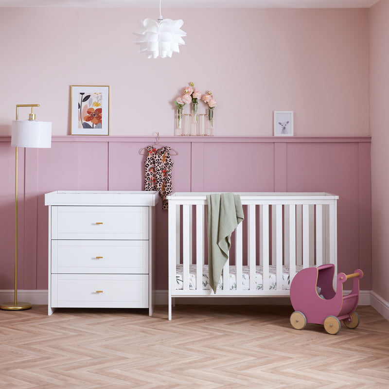White Obaby Evie Mini 2 Piece Room Set in a pastel pink Disney princess-theme nursery room | Nursery Furniture Sets | Room Sets | Nursery Furniture - Clair de Lune UK