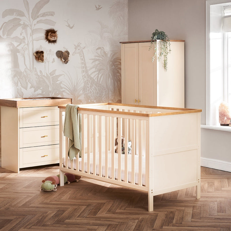 Cashmere Natural Evie 3-Piece Room Sets including a cot bed, a changer and a wardrobe from the Obaby Evie Room Sets in a Cream Scandi jungle safari inspired nursery room | Nursery Furniture Sets | Room Sets | Nursery Furniture - Clair de Lune UK