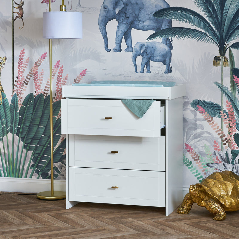 The changer of the White Obaby Evie Mini 2 Piece Room Set in a jungle-themed nursery room | Nursery Furniture Sets | Room Sets | Nursery Furniture - Clair de Lune UK