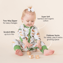 Baby wearing the Grow Grows Organic Family Farm Sleepsuit on white background with key features | Baby Grows and Onesies | Organic Baby Clothing - Clair de Lune UK