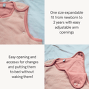 Pink Organic Grow Grows Pin Stripe Smart Sleeping Bag showing expandable features from birth to 2 years | Baby Sleeping Bags | Baby Bedding - Clair de Lune UK