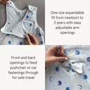 Marvellous Moons Organic Grow Grows Pin Stripe Smart Sleeping Bag detailing the safe travel features | Baby Sleeping Bags | Baby Bedding - Clair de Lune UK