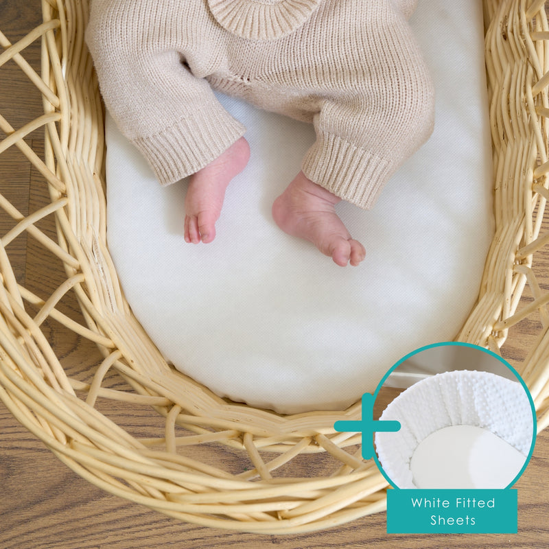 Hypoallergenic Wicker Moses Basket Mattress Bundled with White Fitted Moses Basket Sheets | Moses Basket Mattresses | Moses Baby Basket Accessories | Nursery Bedding - Clair de Lune UK