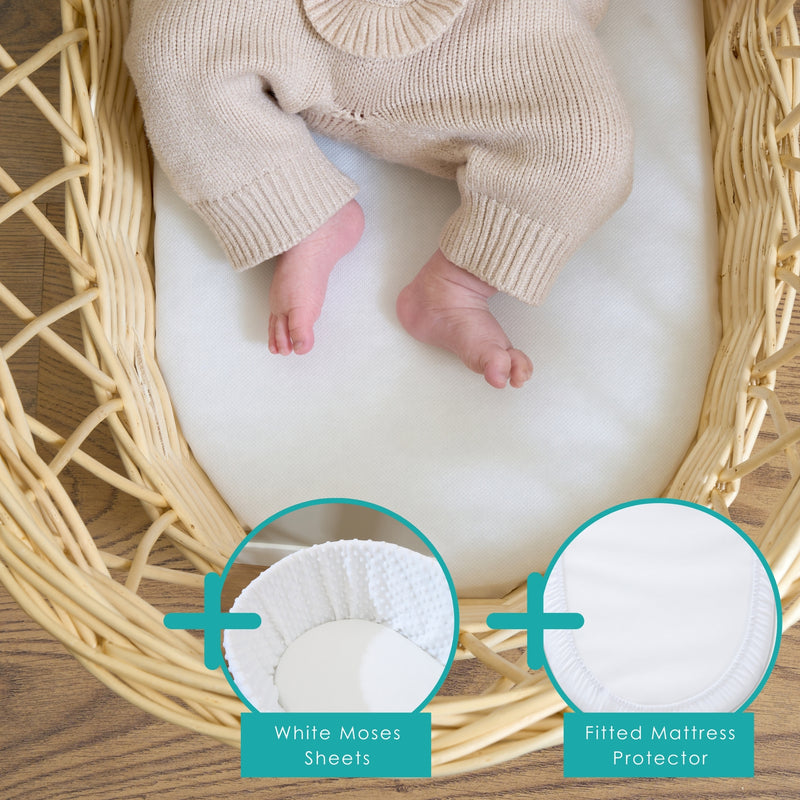 Hypoallergenic Wicker Moses Basket Mattress Bundled with White Fitted Moses Sheets and Mattress Protector  | Moses Basket Mattresses | Moses Baby Basket Accessories | Nursery Bedding - Clair de Lune UK