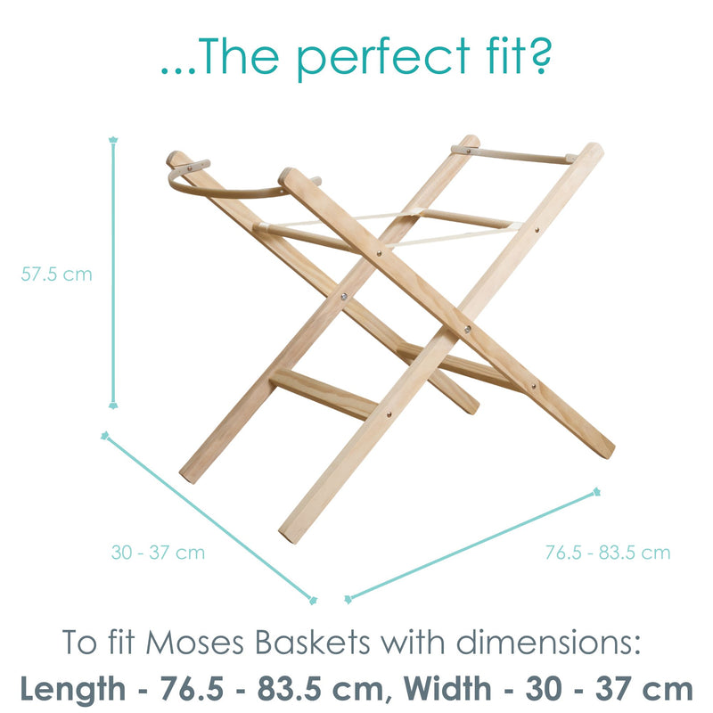 Natural Pine Folding Stand Dimensions and ideal size of layette | Moses Basket Stand | Moses Baby Basket & Bassinet Accessories | Nursery Furniture - Clair de Lune UK