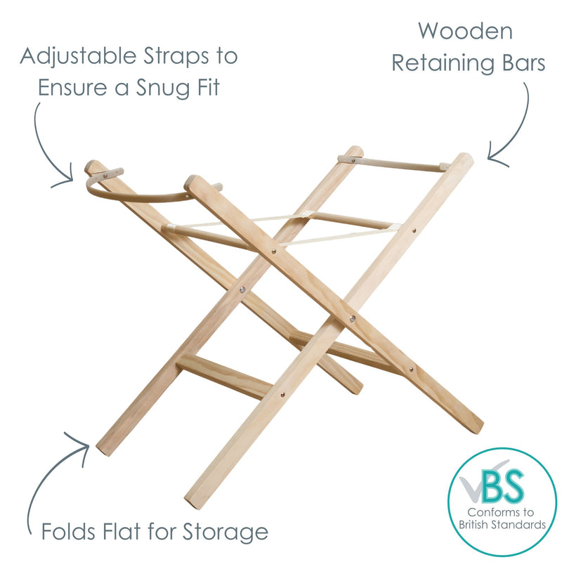 Natural Pine Folding Stand USPs - Adjustable straps, retaining bars, folds flat | Moses Basket Stand | Moses Baby Basket & Bassinet Accessories | Nursery Furniture - Clair de Lune UK