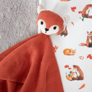 Organic knitted cotton GrowGrows Fox Animal Comforter next to the fluffy foxes sleepsuit - Clair de Lune UK