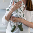 Mum holding her baby wearing the Grow Grows Organic Country Leaf Sleepsuit | Baby Grows and Onesies | Organic Baby Clothes - Clair de Lune UK