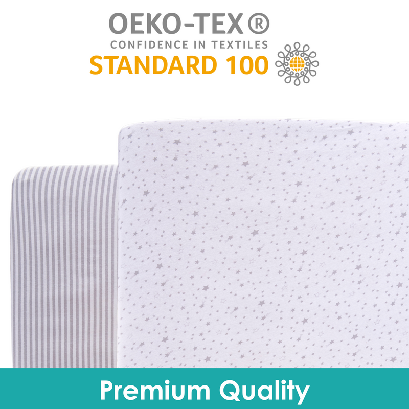 Oeko-Tex certification of the premium quality Grey Stars & Stripes 2 Pack Fitted Cot Sheets - 120 x 60 cm on a mattress | Soft Baby Sheets | Cot & Cot Bed Bedding | Nursery Linen - Clair de Lune UK