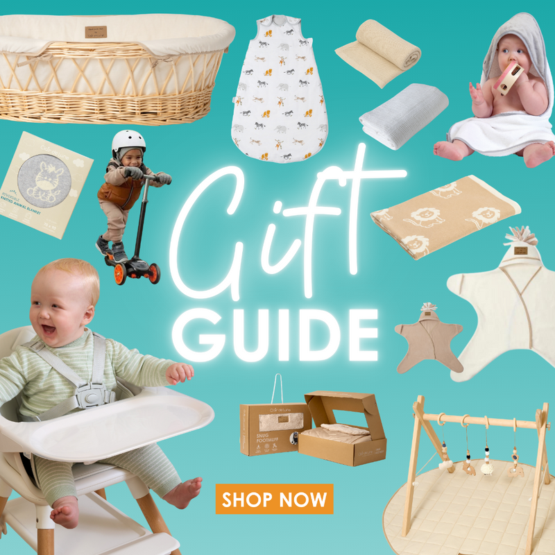 Baby Essentials 2024 Christmas Gift Guide featuring blankets, high chairs, play gyms, hooded towels and sleeping bags | Baby's First Christmas - Clair de Lune UK