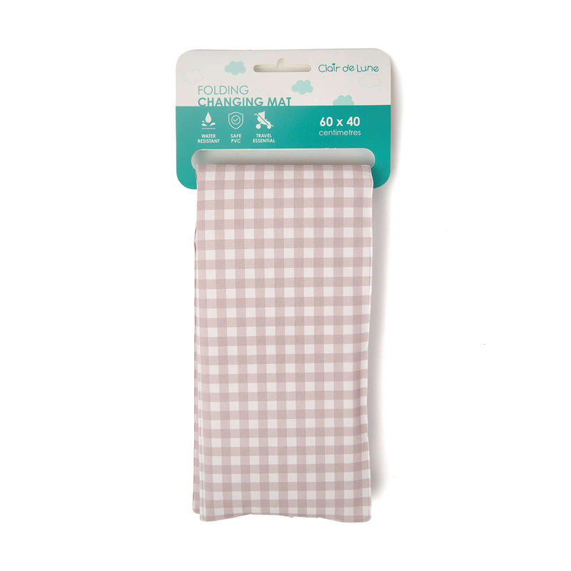 Folded Gingham Foldable Travel Changing Mat in packaging showing the USPs on white background | Bathing & Changing Essentials - Clair de Lune UK