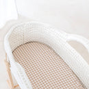 2 Pack Fitted Little Duckling Moses Basket Sheets gingham print on Crochet Moses Basket by flowing net curtains in the nursery | Baby Sheets | Bassinet & Moses Basket Bedding  Clair de Lune UK