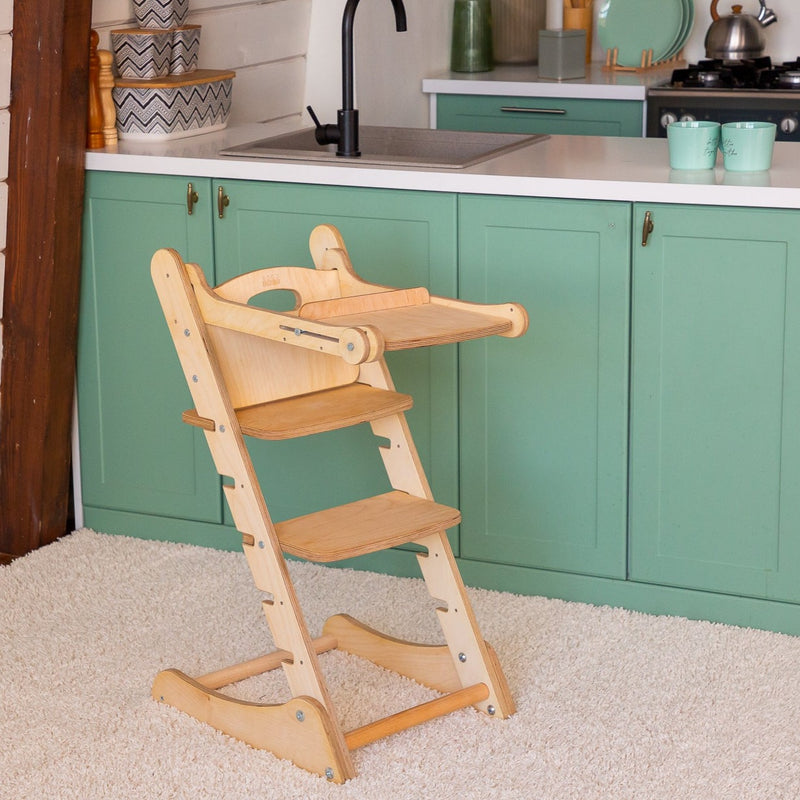 Natural Goodevas 3in1 Highchair with Adjustable Tabletop in a kitchen | Highchairs | Feeding & Weaning - Clair de Lune UK