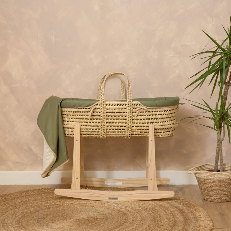 Organic Palm Moses Basket in Forest Green on the Natural Standard Rocking Stand with the Forest Green Organic Cellular Blanket | Moses Baskets and Stands | Co-sleepers | Nursery Furniture - Clair de Lune UK