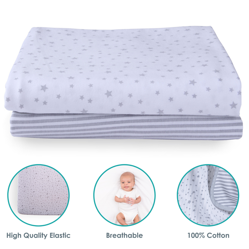 Grey Stars & Stripes 2 Pack Fitted Cot Bed Sheets - 140 x 70 cm key features showing the elastic, breathability, cotton | Soft Baby Sheets | Cot & Cot Bed Bedding | Nursery Linen - Clair de Lune UK