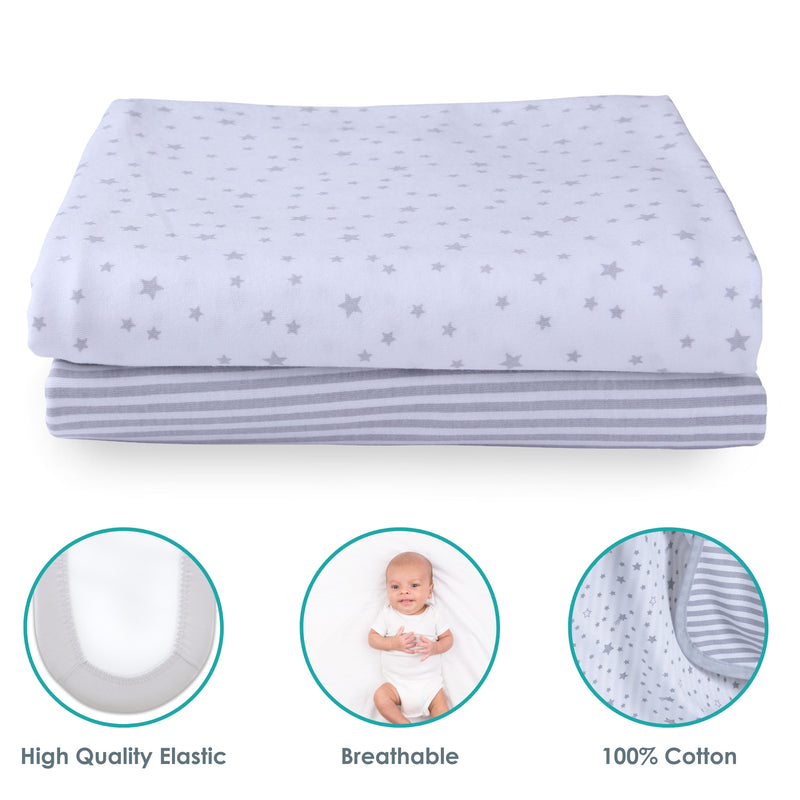 Stars & Stripes 2 Pack Fitted Pram/Crib Sheets - 90 x 40 cm folded showing the key features of elastic, breathable and cotton | Soft Baby Sheets | Pram & Crib Bedding | Nursery Linen - Clair de Lune UK