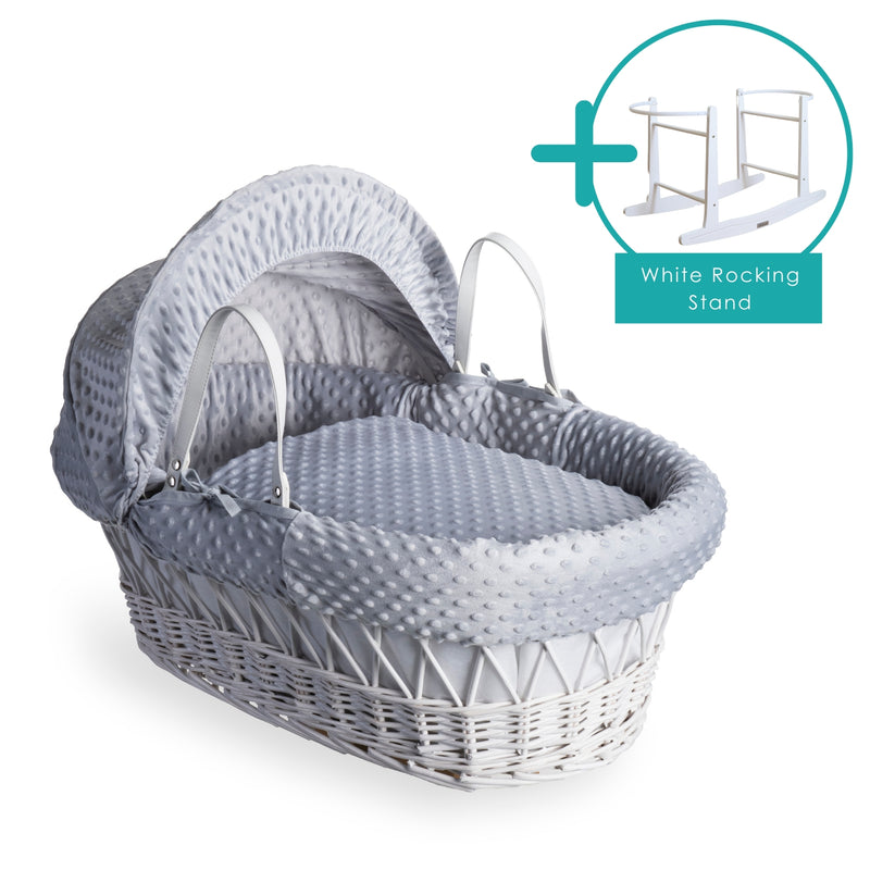 Grey Dimple White Wicker Moses Basket bundled with standard rocking stand | Moses Baby Baskets and Bassinets | Nursery Furniture - Clair de Lune UK