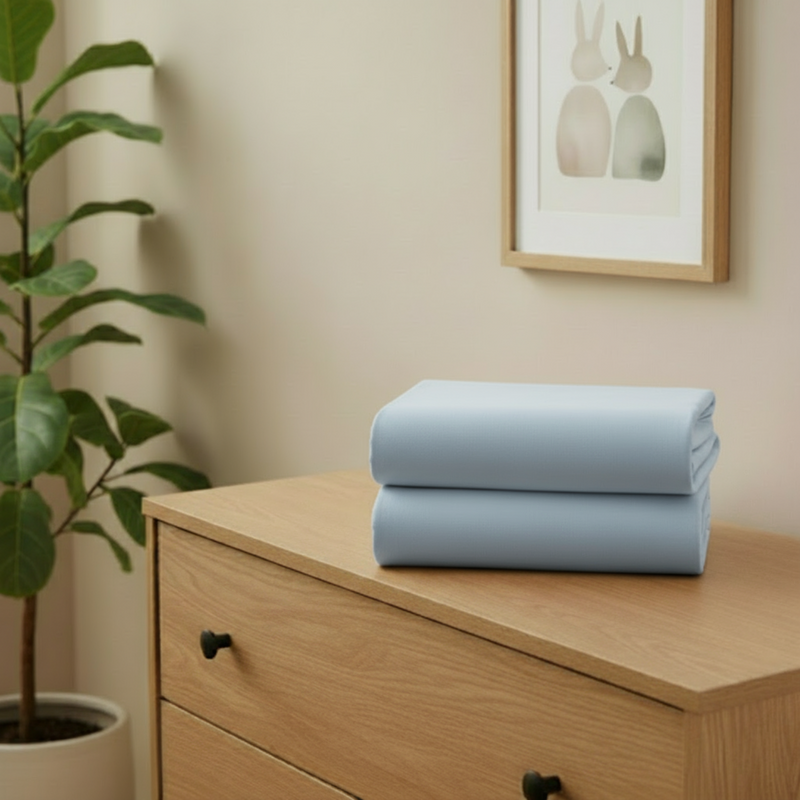 Blue 2 pack pram/crib fitted sheets folded on a chest of drawers in a beige nursery | Soft Baby Sheets | Crib Bedding - Clair de Lune UK