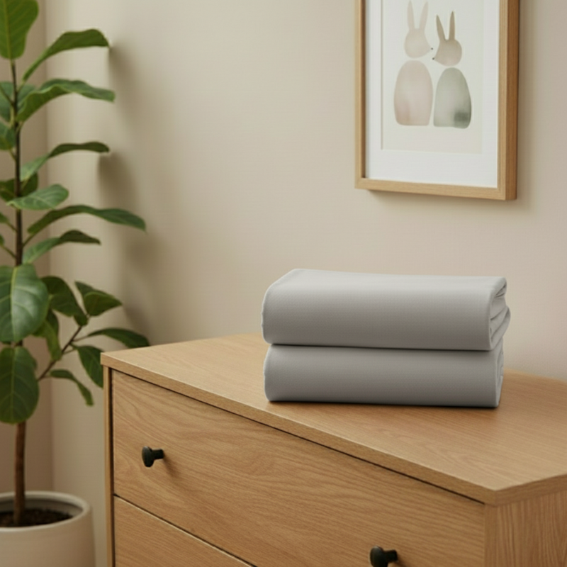 Grey 2 pack pram/crib fitted sheets folded on a chest of drawers in a beige nursery | Soft Baby Sheets | Crib Bedding - Clair de Lune UK