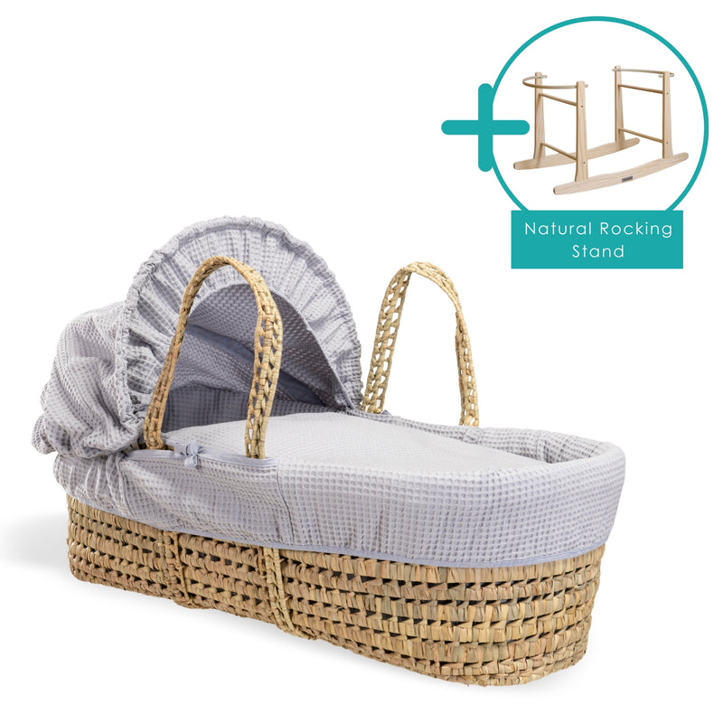 Grey Waffle Palm Moses Basket Bundled with the Natural Rocking Stand | Moses Baby Baskets, Bassinets | Nursery Furniture - Clair de Lune UK