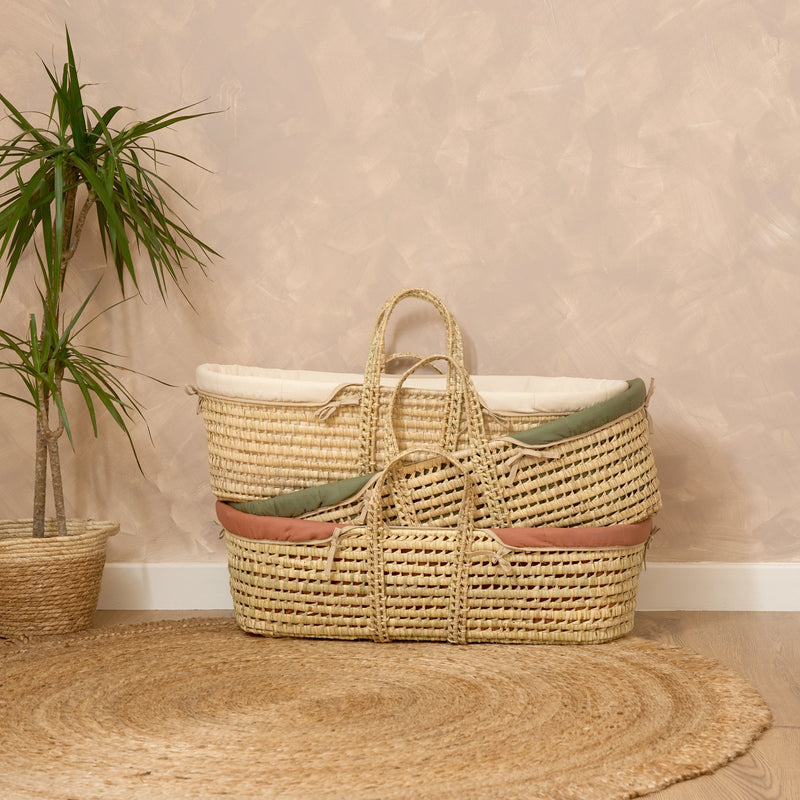 Organic Palm Moses Baskets in all three colours stacked on each other | Moses Baskets | Co-sleepers | Nursery Furniture - Clair de Lune UK