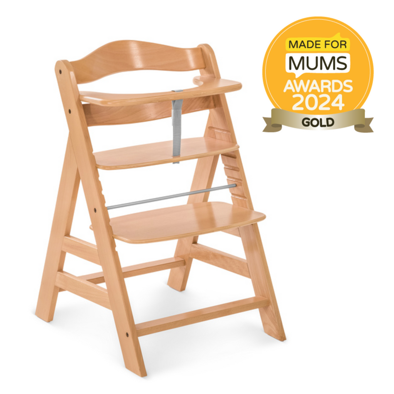 Hauck Alpha+ Wooden Highchair with Removable Front Bar in Natural and with the Made for Mums awards 2024 Gold Logo | Highchairs | Feeding & Weaning - Clair de Lune UK