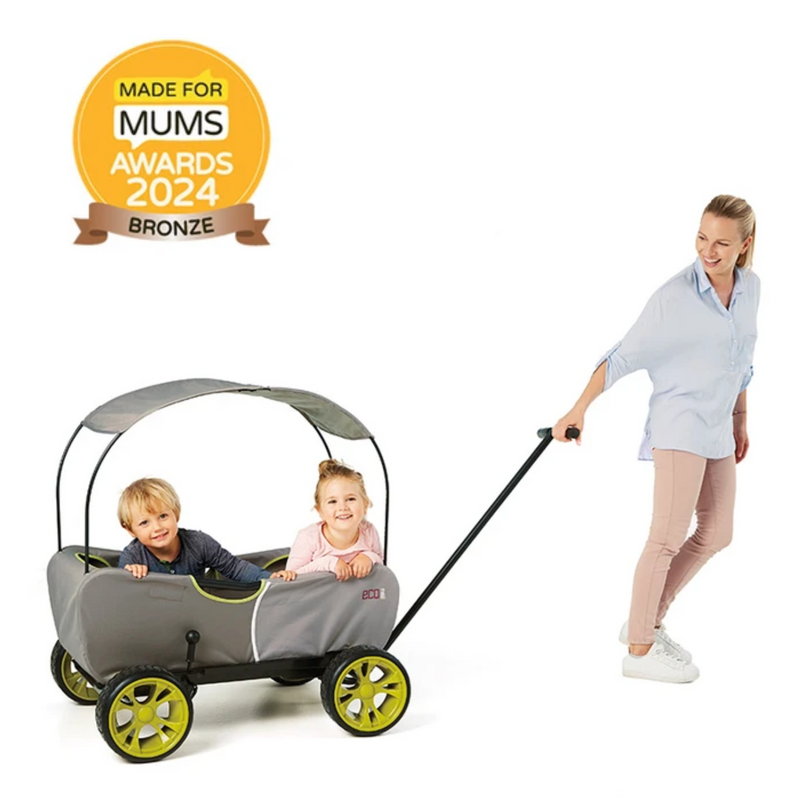 Mum pulling her Hauck Eco Mobil Wagon with the M4M award logo | Wagons & Go Karts | Baby & Kid Travel - Clair de Lune UK