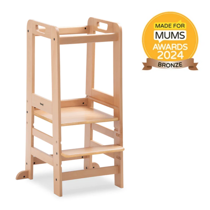 Natural Universal Hauck Learn N Explore Montessori Kitchen Helper & Learning Tower with M4M award logo | Montessori Activities For Babies & Kids - Clair de Lune UK