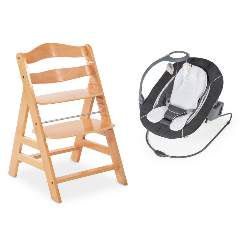 Grey and Natural Hauck Alpha + Wooden High Chair & Deluxe Bouncer Bundle | Highchairs | Feeding & Weaning - Clair de Lune UK