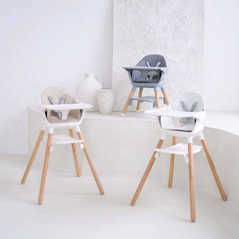 Group image of the 6in1 High Chair in white, beige and grey in a stylish white home | High chairs | Feeding & Weaning | Toddler Furniture - Clair de Lune UK