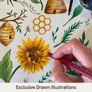 Hand holding a pen over a sunflower illustration with bee hives and honeycomb patterns from the Honey Bees Pyjamas with bee print made from bamboo and organic cotton from GrowGrows