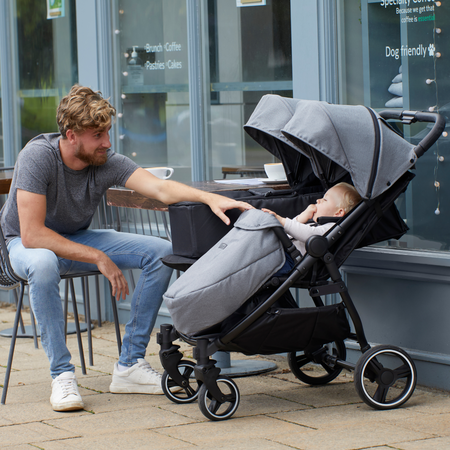 Dad playing with his twins in the Grey Ickle Bubba Venus Prime Double Stroller | Buggies, Strollers & Pushchairs | Travel With Your Baby - Clair de Lune UK