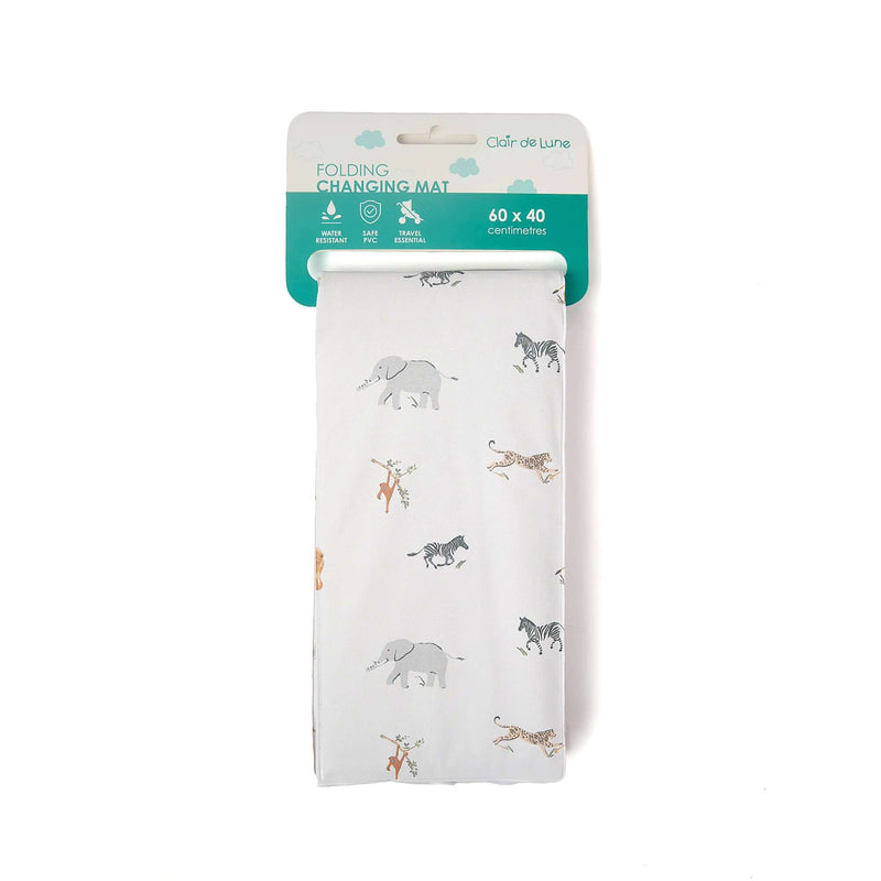Jungle Dream Foldable Travel Changing Mat in packaging showing the USPs | Baby Change Mat | Bathing & Changing Essentials - Clair de Lune UK