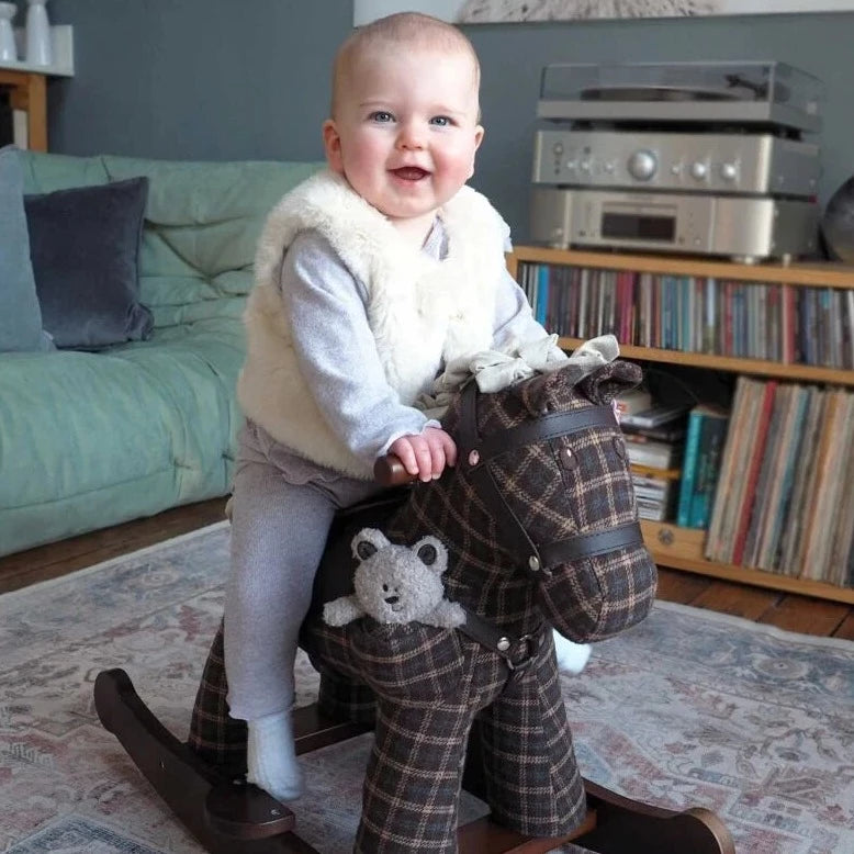 Toddler girl riding her favourite Little Bird Told Me Rufus & Ted Rocking Horse | Rocking Animals | Montessori Activities For Babies & Kids | Toys | Baby Shower, Birthday & Christmas - Clair de Lune UK