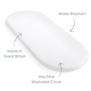 Diagram of the Hypoallergenic Wicker Moses Basket Mattress showing the water resistant and machine washable cover, made in the UK | Moses Basket Mattresses | Moses Baby Basket Accessories | Nursery Bedding - Clair de Lune UK