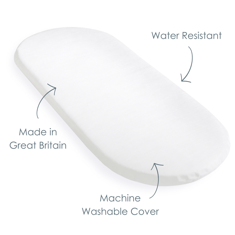 Diagram of the hypoallergenic fibre wicker moses mattress showing the water resistant and machine washable cover, made in the UK | Moses Basket Mattresses | Moses Baby Basket Accessories | Nursery Bedding - Clair de Lune UK