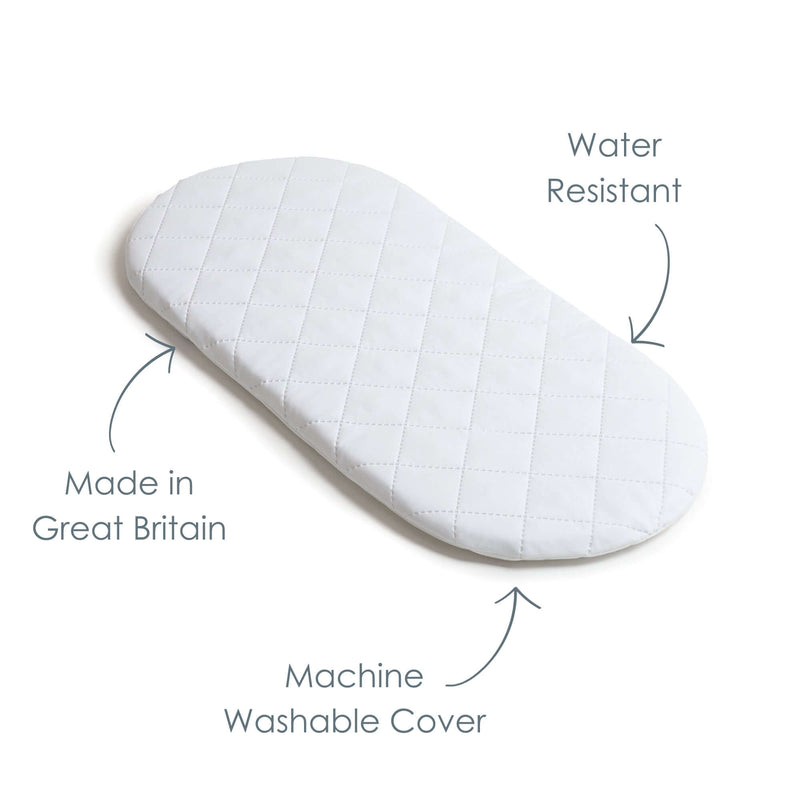 Quilted Noah Pod/ Palm Moses Basket Mattress (74 x 28 cm) showing the key features of water resistance, machine washable cover and made in great britain | Moses Basket Accessories | Nursery Furniture - Clair de Lune UK